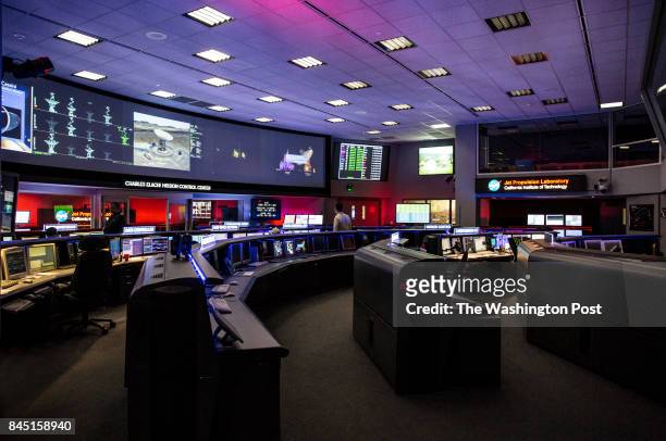 Inside the Charles Elachi Mission Control Center, which is used to track the Cassini spacecraft, at NASA's Jet Propulsion Laboratory in Pasadena,...