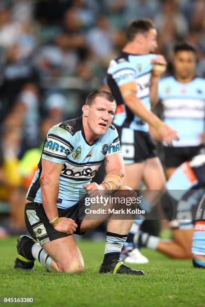 Paul Gallen of the Sharks looks dejected after defeat during the NRL Elimination Final match between the Cronulla Sharks and the North Queensland...