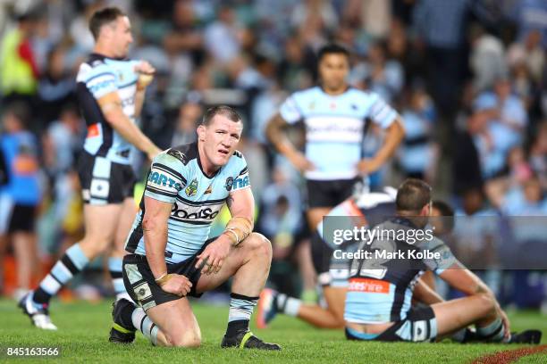 Paul Gallen of the Sharks looks dejected after defeat during the NRL Elimination Final match between the Cronulla Sharks and the North Queensland...