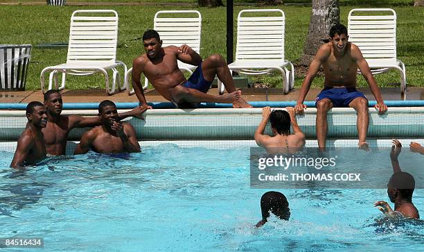 Colombia's U-20 football team players train in the swimming pool a day after their qualification to the hexagonal final of the U-20 South American...