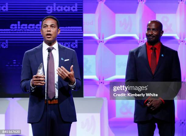 Anchor Don Lemon and CNN political commentator Van Jones on stage at the 2017 GLAAD Gala at City View at Metreon on September 9, 2017 in San...