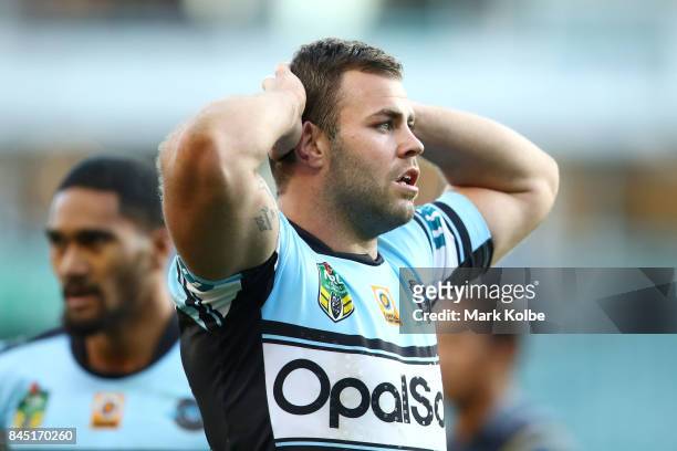 Wade Graham of the Sharks looks dejected during the NRL Elimination Final match between the Cronulla Sharks and the North Queensland Cowboys at...