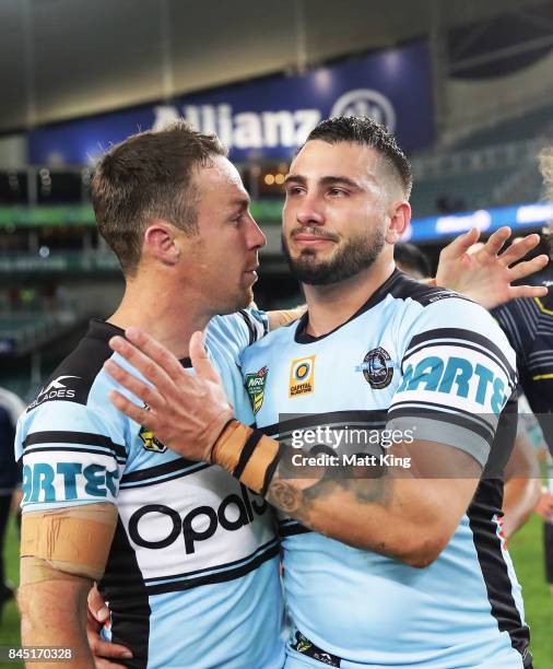 James Maloney of the Sharks and Jack Bird of the Sharks look dejected at fulltime during the NRL Elimination Final match between the Cronulla Sharks...