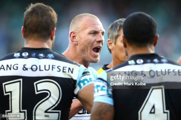 Luke Lewis of the Sharks shouts instructions to his team mates during the NRL Elimination Final match between the Cronulla Sharks and the North...