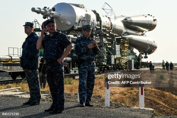 Soyuz MS-06 spacecraft is transported by train to the launch pad at the Russian-leased Baikonur cosmodrome in Kazakhstan on September 10, 2017. The...