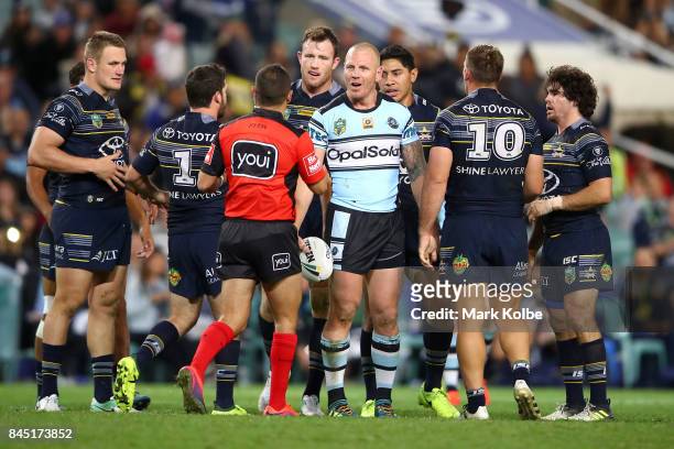 Luke Lewis of the Sharks shows his frustration to referee Ashley Klein during the NRL Elimination Final match between the Cronulla Sharks and the...