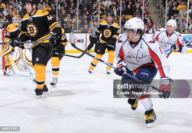 Alex Ovechkin of the Washington Capitals skates up the ice against the Boston Bruins at the TD Banknorth Garden on January 27, 2009 in Boston,...