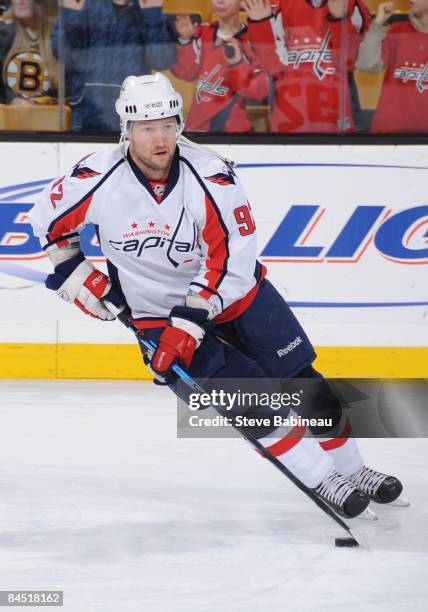 Michael Nylander of the Washington Capitals skates during warm-up against the Boston Bruins at the TD Banknorth Garden on January 27, 2009 in Boston,...