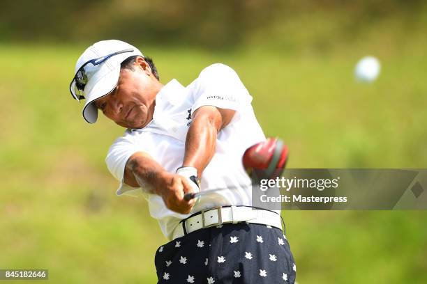 Massy Kuramoto of Japan hits his tee shot on the 11th hole during the final round of the Japan Airlines Championship at Narita Golf Club-Accordia...