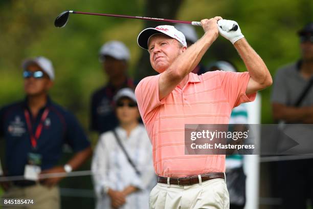 Billy Mayfair of the United States hits his tee shot on the 11th hole during the final round of the Japan Airlines Championship at Narita Golf...