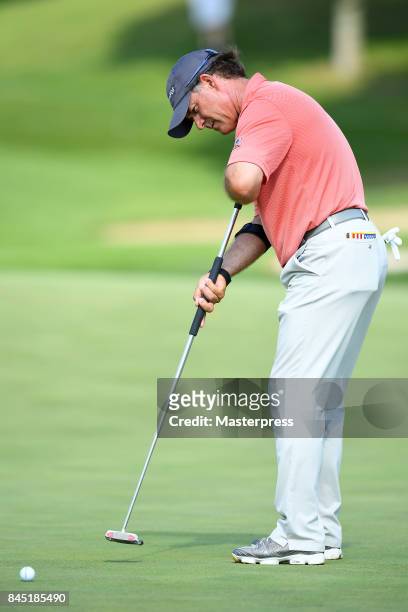 Scott McCarron of the United States putts during the final round of the Japan Airlines Championship at Narita Golf Club-Accordia Golf on September...