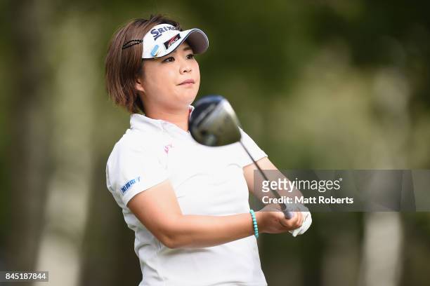 Hiroko Azuma of Japan watches her tee shot on the 5th hole during the final round of the 50th LPGA Championship Konica Minolta Cup 2017 at the Appi...