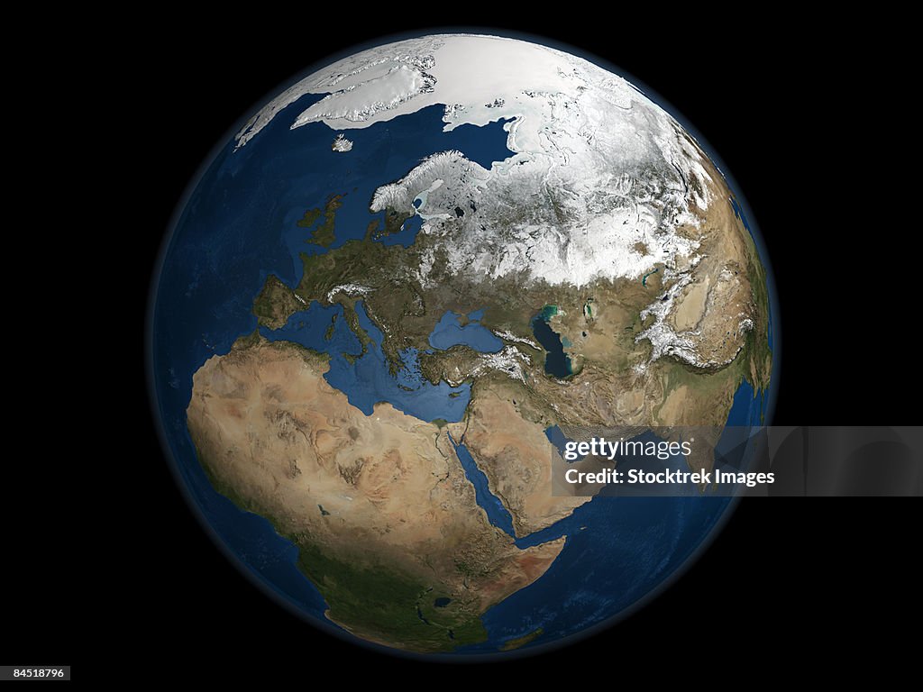 A global view over Europe and Scandinavia showing Arctic sea ice.