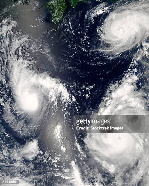 three different typhoons spinning over the western pacific ocean. - eye of the storm stock pictures, royalty-free photos & images