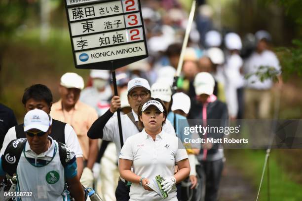 Hiroko Azuma of Japan walks to the 2nd tee during the final round of the 50th LPGA Championship Konica Minolta Cup 2017 at the Appi Kogen Golf Club...