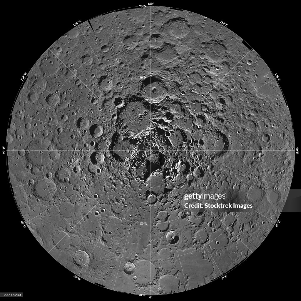Lunar mosaic of the north polar region of the moon.