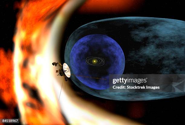 voyager 2 spacecraft studies the outer limits of the heliosphere. - solar system stock illustrations