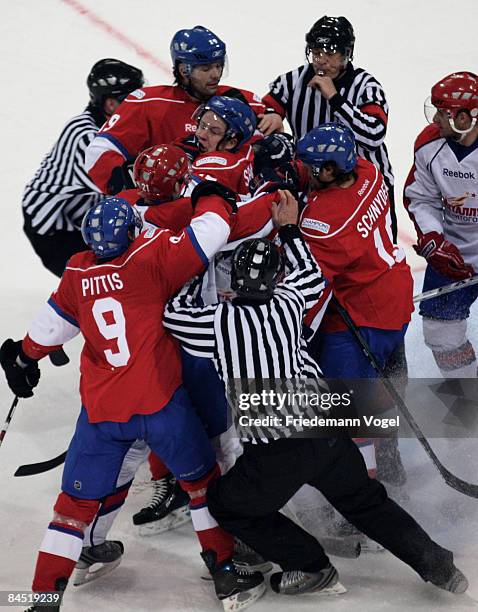 The teams of Magnitogorsk and Zurich fight during the IIHF Champions League final between ZSC Lions Zurich and Metallurg Magnitogorsk at the Diners...