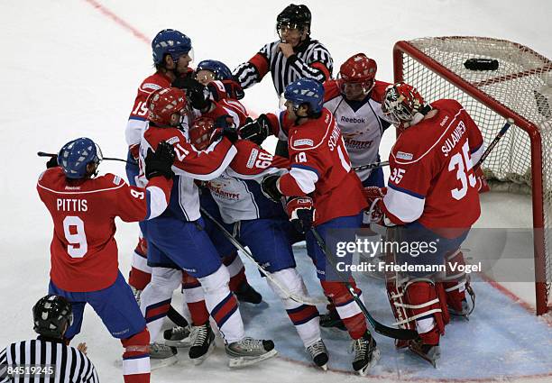 The teams of Magnitogorsk and Zurich fight during the IIHF Champions League final between ZSC Lions Zurich and Metallurg Magnitogorsk at the Diners...