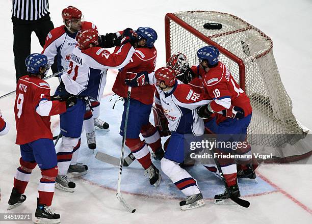 The teams of Magnitogorsk and Zurich fights during the IIHF Champions League final between ZSC Lions Zurich and Metallurg Magnitogorsk at the Diners...