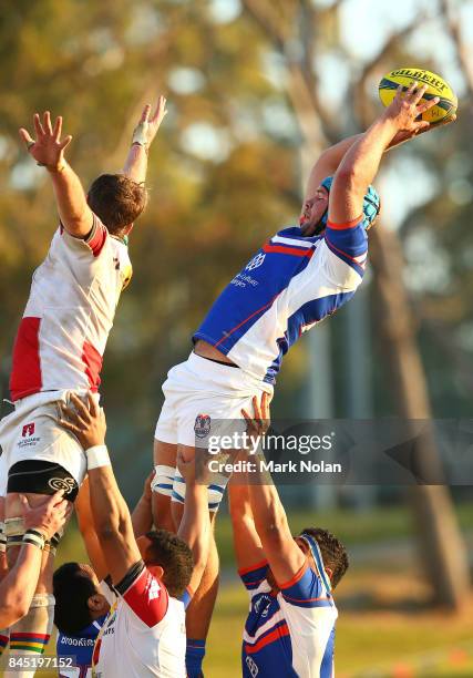 Sam Thomas of the Rams wins a line out during the round two NRC match between the Rays and the Rams at Macquarie Uni on September 10, 2017 in Sydney,...