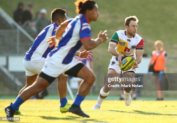 Angus Sinclair of the Rays looks to pass during the round two NRC match between the Rays and the Rams at Macquarie Uni on September 10, 2017 in...