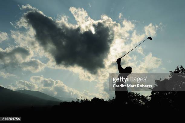 Hiroko Azuma of Japan hits her tee shot on the 13th hole during the final round of the 50th LPGA Championship Konica Minolta Cup 2017 at the Appi...
