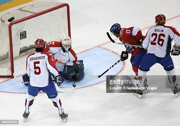 Ilya Proskuryakov of Magnitogorsk saves the puck during the IIHF Champions League final between ZSC Lions Zurich and Metallurg Magnitogorsk at the...