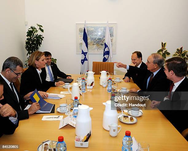 In this handout image from U.S. Embassy Tel Aviv, Special Envoy George Mitchell speaks with Israeli Minister of Foreign Affairs Tzipi Livni during a...