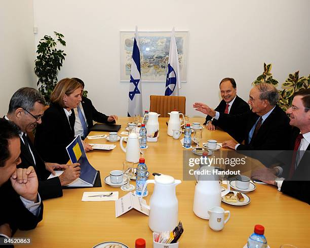 In this handout image from U.S. Embassy Tel Aviv, Special Envoy George Mitchell speaks with Israeli Minister of Foreign Affairs Tzipi Livni during a...