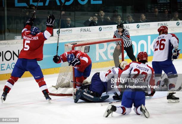 The second goal of Zurich during the IIHF Champions League final between ZSC Lions Zurich and Metallurg Magnitogorsk at the Diners Club Arena on...