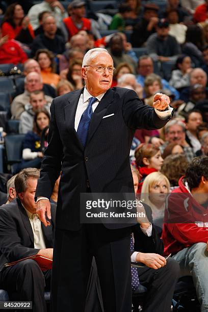 Head Coach Larry Brown of the Charlotte Bobcats calls a play from the sidelines during the game against the Portland Trail Blazers on January 17,...