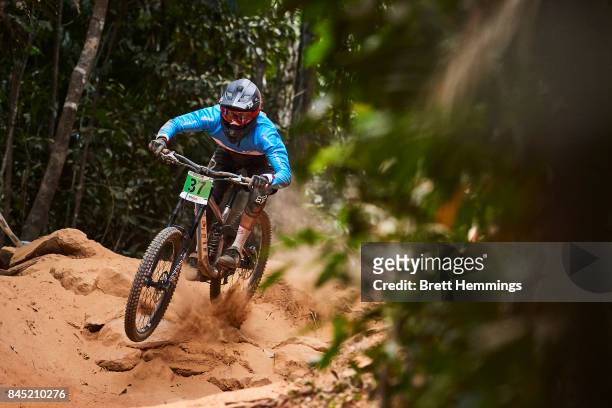Anthony Poulson of Canada competes in the Junior Mens Downhill Championship during the 2017 Mountain Bike World Championships on September 10, 2017...