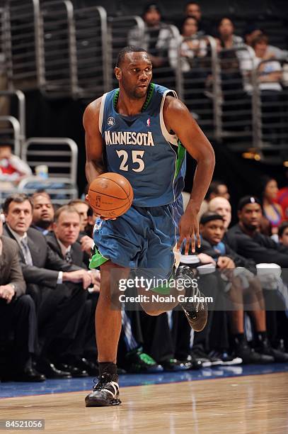 Al Jefferson of the Minnesota Timberwolves dribbles the ball upcourt during the game against the Los Angeles Clippers at Staples Center on January...