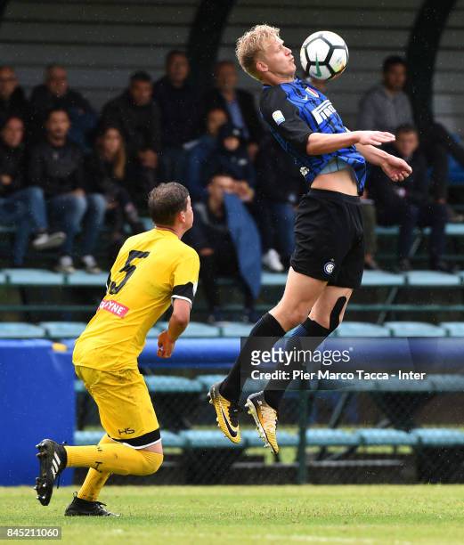 Jens Odgaard of FC Internazionale U19 competes for the ball with Tomas Filipiak of Udinese Calcio during the Serie A Primavera match between FC...