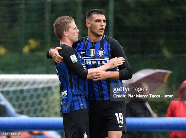 Matteo Rover of FC Internazionale celebrates his first goal with Xian Emmers during the Serie A Primavera match between FC Internazionale U19 and...