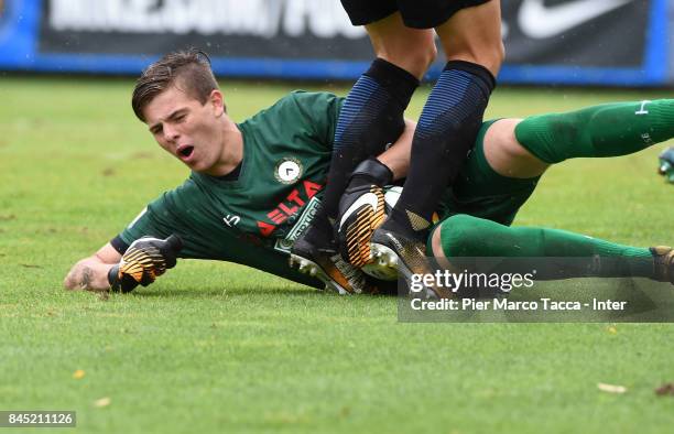 Goalkeeper of Udinese Calcio Manuel Gasparini in action during the Serie A Primavera match between FC Internazionale U19 and Udinese Calcio U19 at...