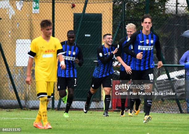 Davide Merola of FC Internazionale celebrates his first goal during the Serie A Primavera match between FC Internazionale U19 and Udinese Calcio U19...