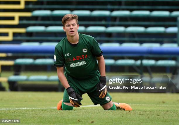 Goalkeeper of Udinese Calcio Manuel Gasparini in action during the Serie A Primavera match between FC Internazionale U19 and Udinese Calcio U19 at...