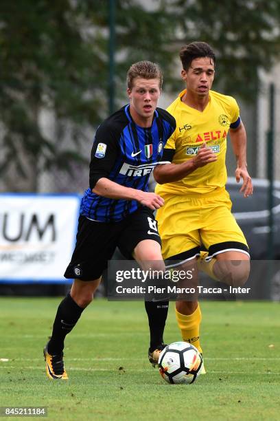 Xian Emmers of FC Internazionale competes for the ball during the Serie A Primavera match between FC Internazionale U19 and Udinese Calcio U19 at...