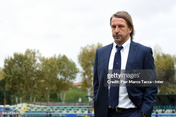 Head Coach of FC Internazionale U19, Stefano Vecchi looks during the Serie A Primavera match between FC Internazionale U19 and Udinese Calcio U19 at...