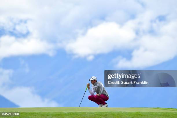 Alexander Bjork of Swed lines up a putt on the 7th hole during Day Five of the Omega European Masters at Crans-sur-Sierre Golf Club on September 10,...