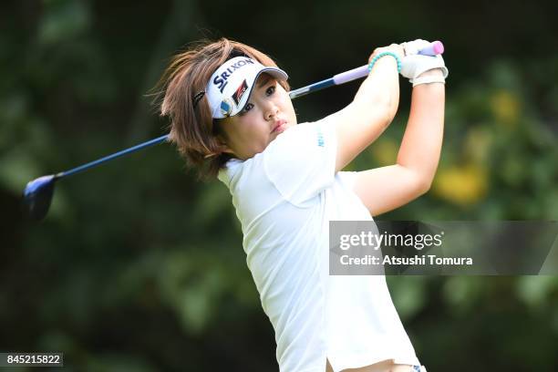 Hiroko Azuma of Japan hits her tee shot on the 8th hole during the final round of the 50th LPGA Championship Konica Minolta Cup 2017 at the Appi...