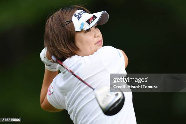 Hiroko Azuma of Japan hits her tee shot on the 6th hole during the final round of the 50th LPGA Championship Konica Minolta Cup 2017 at the Appi...