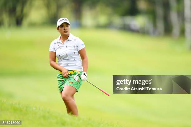 Ai Suzuki of Japan hits her second shot on the 3rd hole during the final round of the 50th LPGA Championship Konica Minolta Cup 2017 at the Appi...