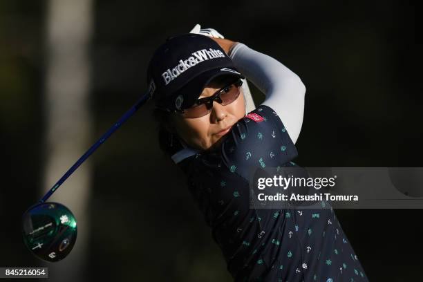 Saiki Fujita of Japan hits her tee shot on the 15th hole during the final round of the 50th LPGA Championship Konica Minolta Cup 2017 at the Appi...