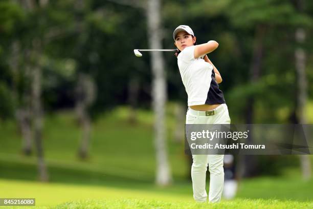 Asuka Kashiwabara of Japan hits her second shot on the 3rd hole during the final round of the 50th LPGA Championship Konica Minolta Cup 2017 at the...