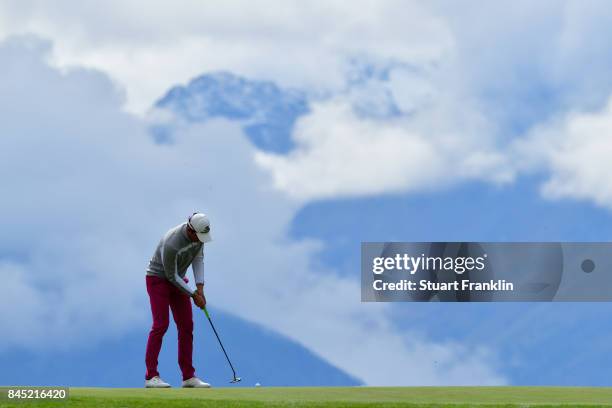 Alexander Bjork of Sweden putts on the 7th hole during Day Five of the Omega European Masters at Crans-sur-Sierre Golf Club on September 10, 2017 in...