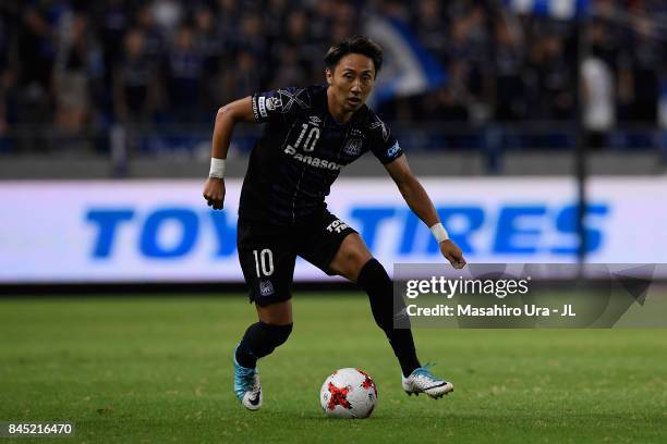 Shu Kurata of Gamba Osaka in action during the J.League J1 match between Gamba Osaka and Vissel Kobe at Suita City Football Stadium on September 9,...