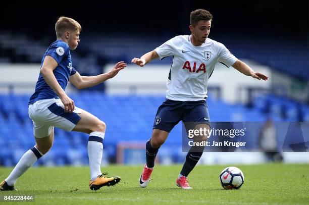 Anthony Georgiou of Tottenham Hotspur battles with Lewis Gibson of Everton during the Premier League 2 match between Everton and Tottenham Hotspur at...